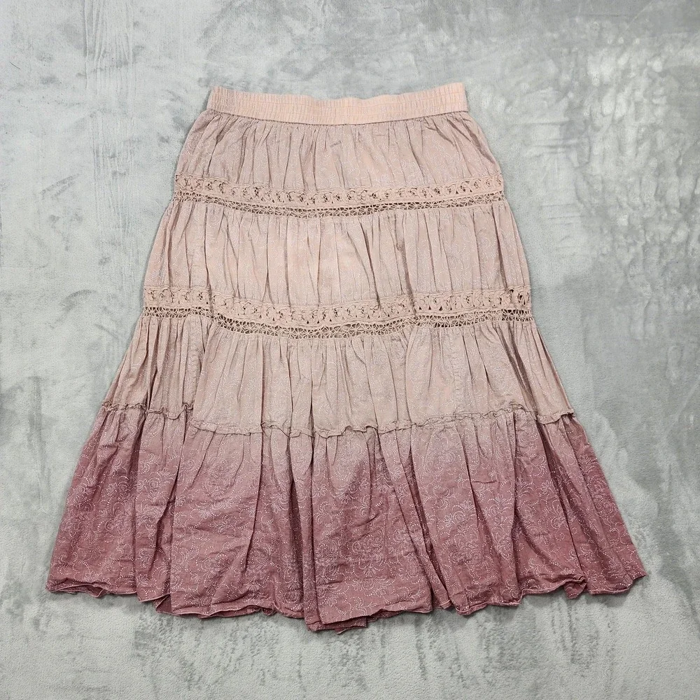 Vintage Nine West Skirt Womens L Pink Paisley Peasant Tiered Lace Boho Cotton - Picture 2 of 10